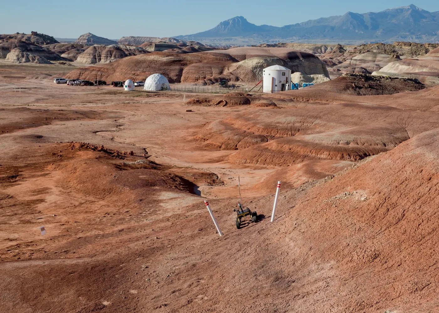 A rover climbing the slope above the Mars Desert Research Station