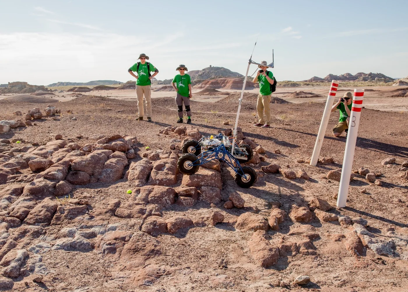A rover crossing the rock garden at the Mars Desert Research Station