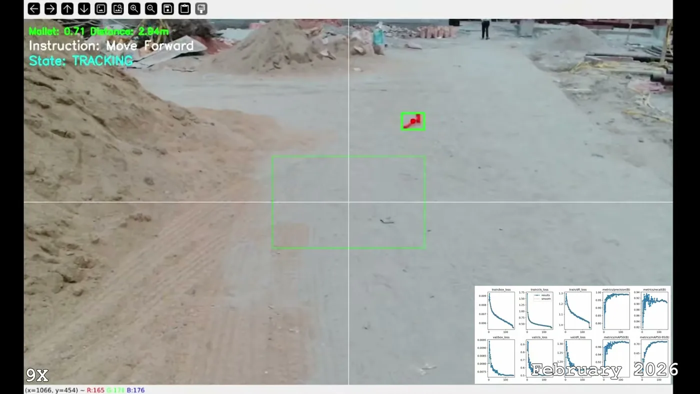 The 2026 autonomy display, with a mallet detection, its confidence, range and training curves