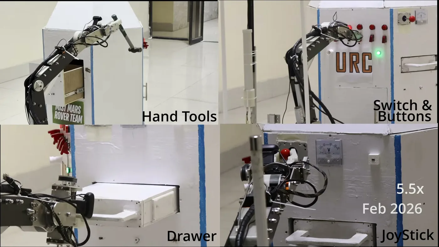The 2026 arm on the servicing panel, working a bank of switches with a parallel jaw