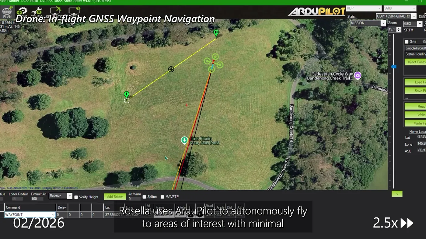 Monash’s drone Rosella flying a waypoint mission over Victorian terrain