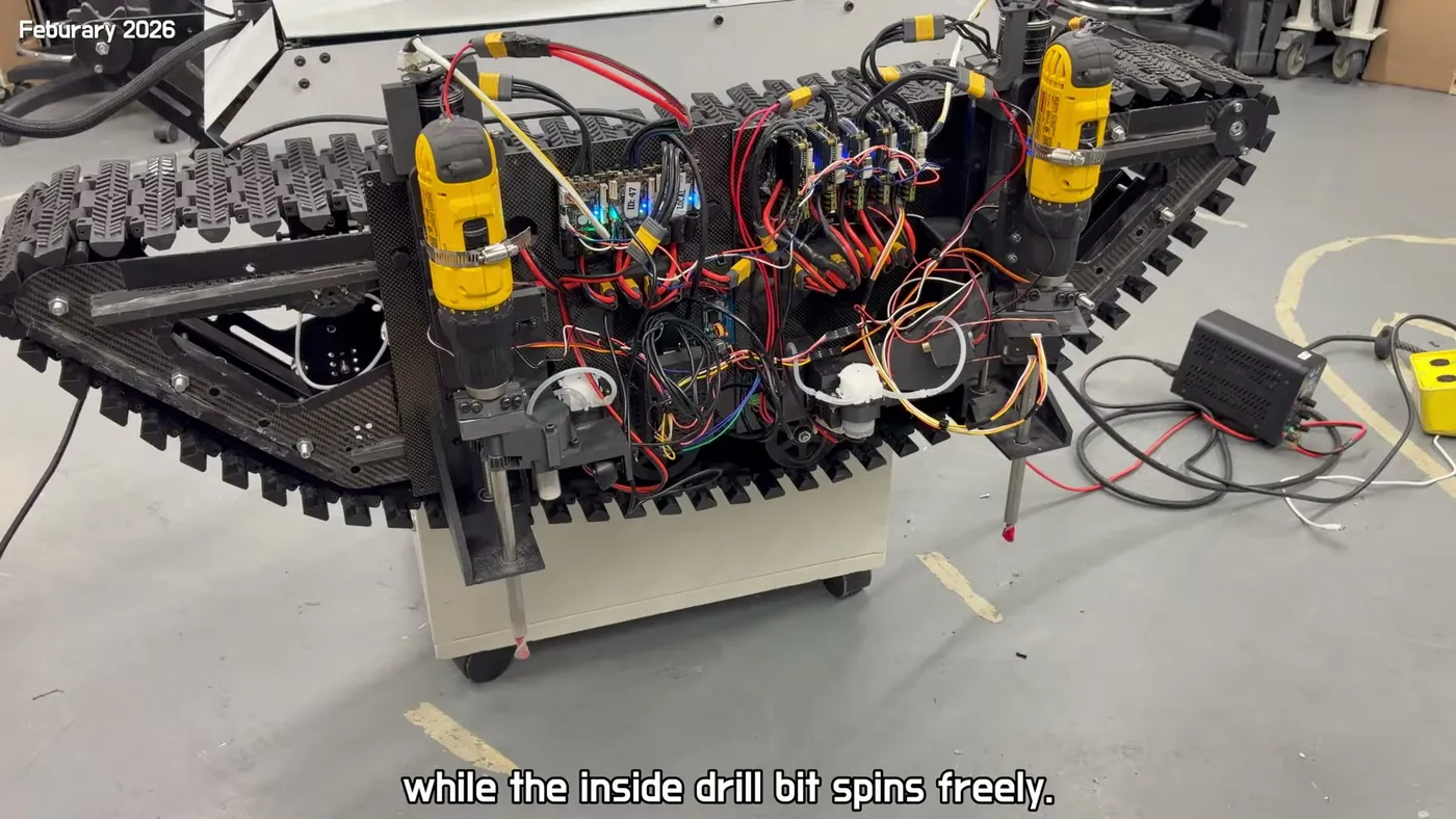 Tracked chassis and two cordless drills on the New Haven 2026 rover