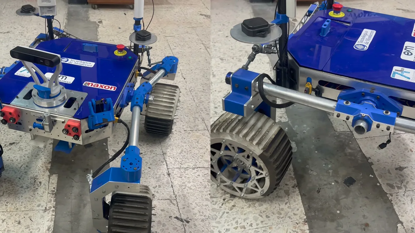 Four-wheel Quantum Robotics rover with blue bodywork and a front sensor mast