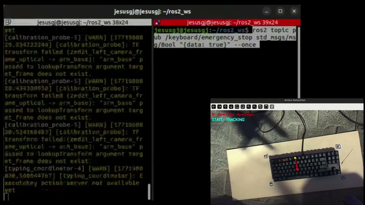 Terminal window listing ROS 2 nodes beside an ArUco keyboard tracker overlay