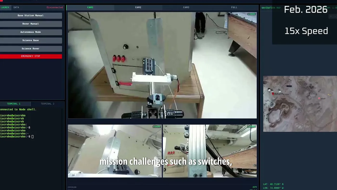 Operator interface with mission buttons, camera tiles, terminals and a navigation map